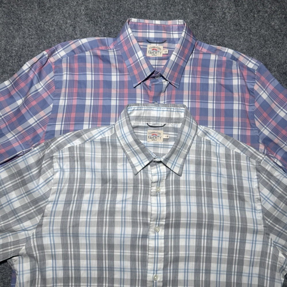 Faherty Brand Men Large Performance Long Sleeve Button Up Shirts Plaid Lot of 2